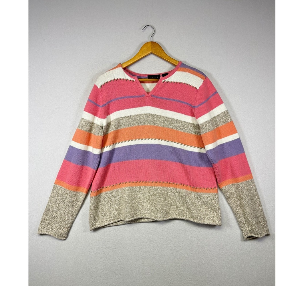 Grandmacore Crazy Horse‎ Womens PXL Pink Striped Split Neck Whipstitch Sweater